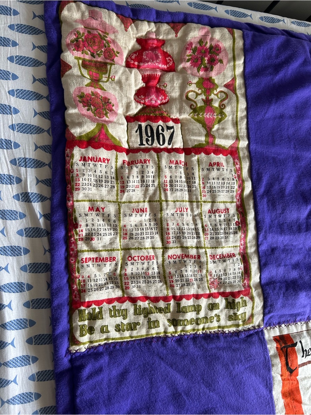 Vintage Fabric Linen Calendar Patchwork Kitsch Quilt Throw 1960s 1970s Mushrooms - Picture 7 of 9